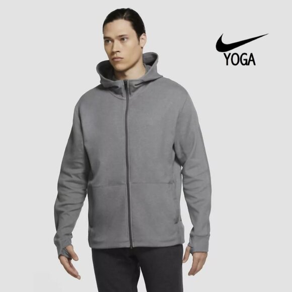 Nike Yoga Dri-FIT Mens Full Zip Hoodie Thumbholes Midweight Jacket Grey